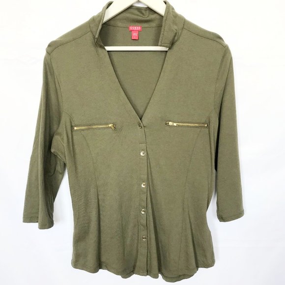 Guess Los Angeles y2k Olive Green 1/2 Sleeve Military Shirt - Picture 1 of 3
